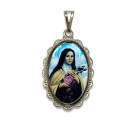 MD128081 - Medalha Santa Terezinha das Rosas Rendada Níquel - 4,1x2,6cm